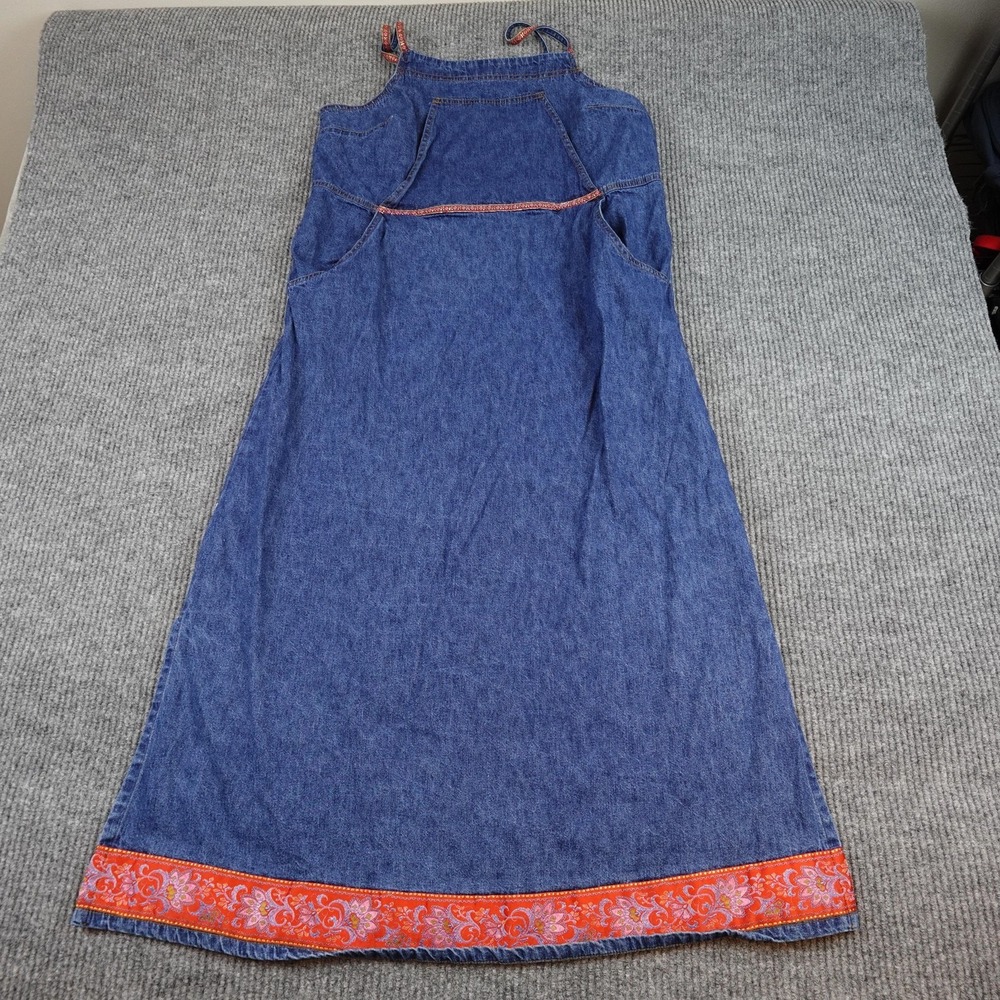 Studio Ease Dress Womens 14 Blue Denim Sundress Embroidered Floral Pockets